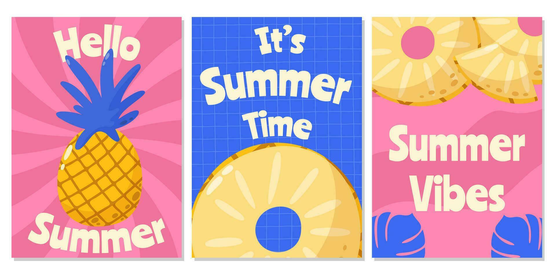 reeks van retro helder abstract posters met ananas. zomer modieus vector illustratie met seizoen tekst. voor banier, kaart, folder, web ontwerp, a4 formaat.