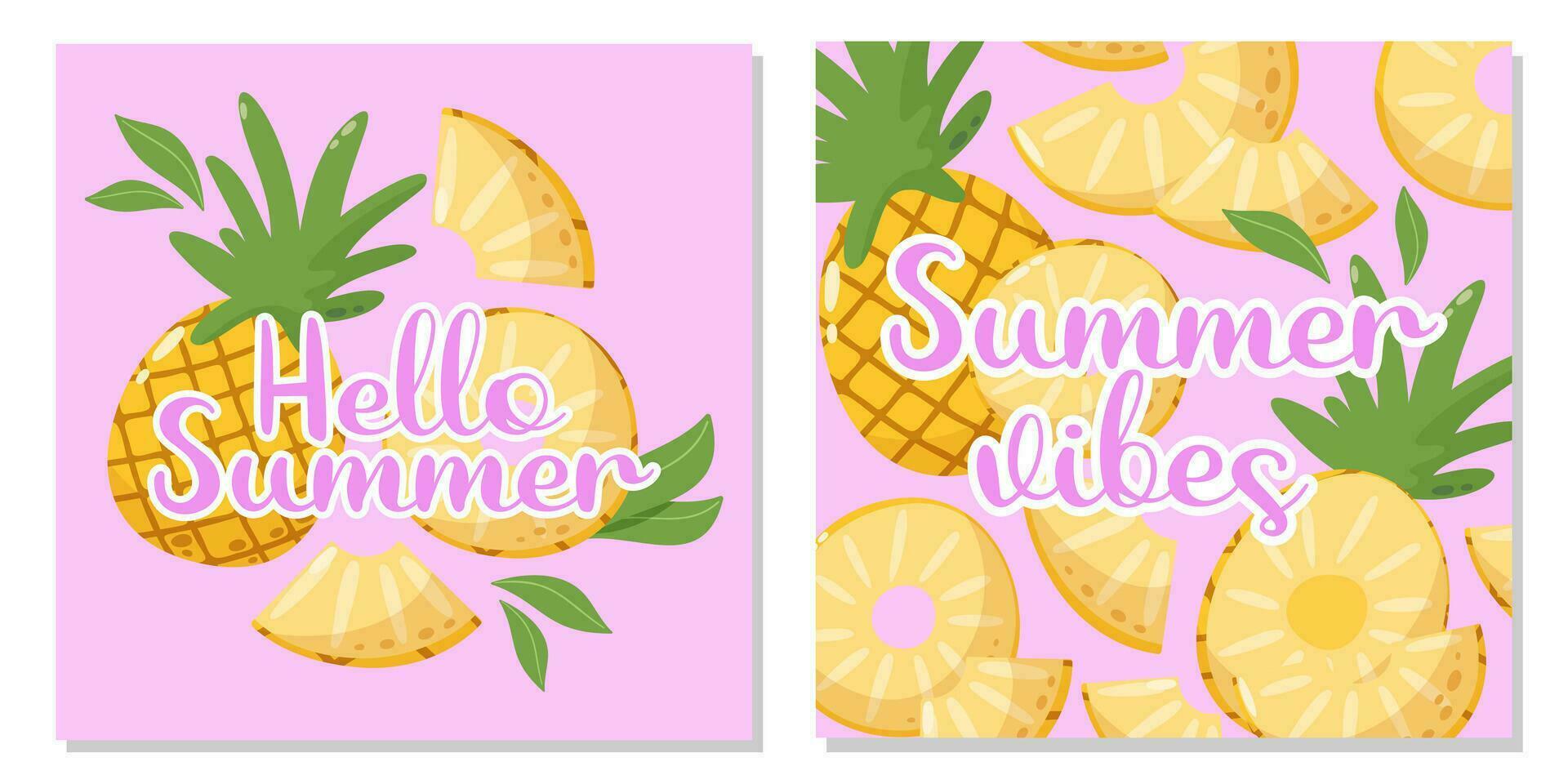 reeks van fruit kaarten met tekst Hallo zomer en zomer gevoel. ananas tropisch samenstelling en achtergrond met bladeren. vector plein illustratie voor banier, poster, folder, sociaal media