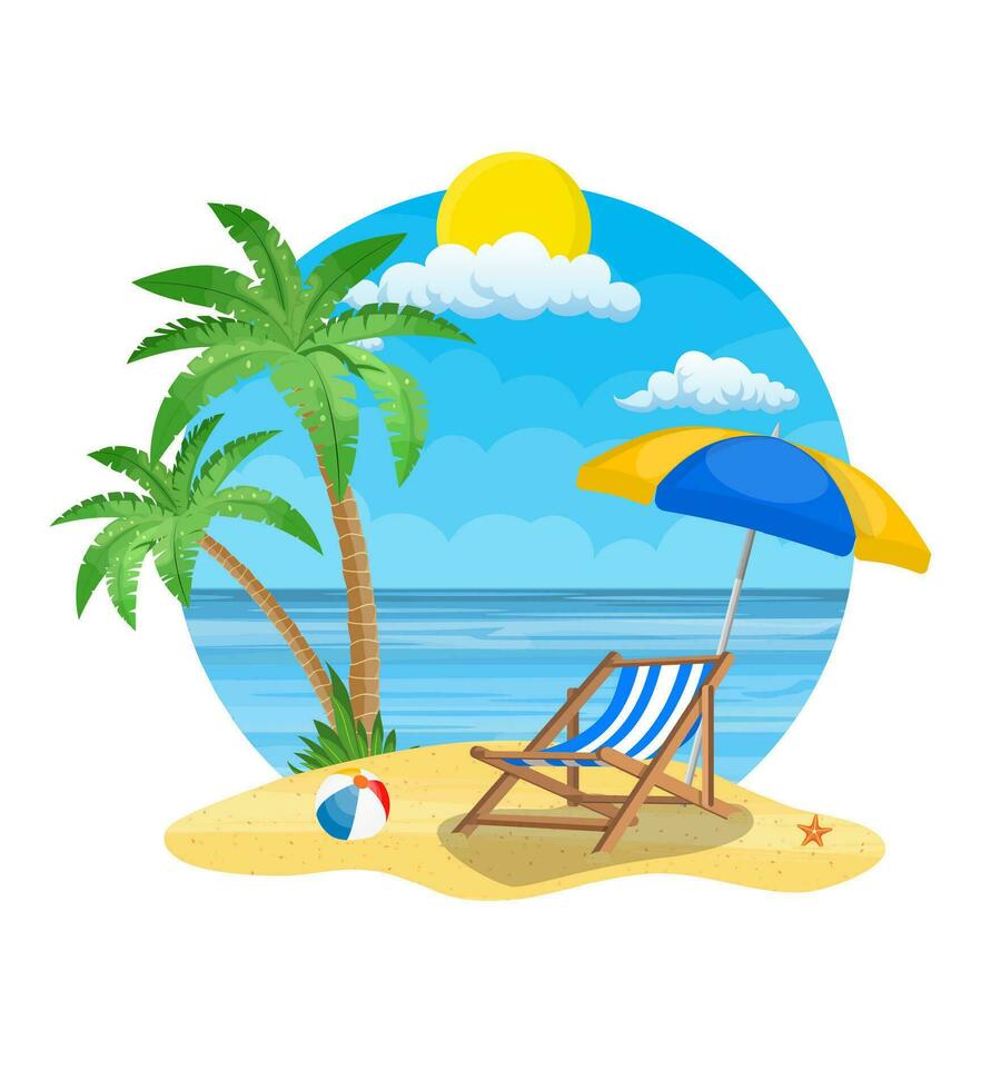 paraplu en zon ligstoel Aan de strand en een palm boom. strand stoel, bal en zeester met zee Aan tropisch achtergrond. vector illustratie in vlak stijl