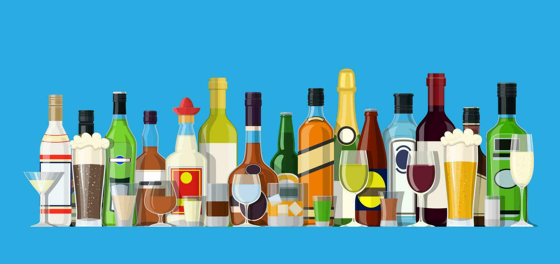 alcohol drankjes verzameling. flessen met bril. wodka Champagne wijn whisky bier brandewijn tequila cognac likeur vermout gin rum absint bourbon. vector illustratie in vlak stijl