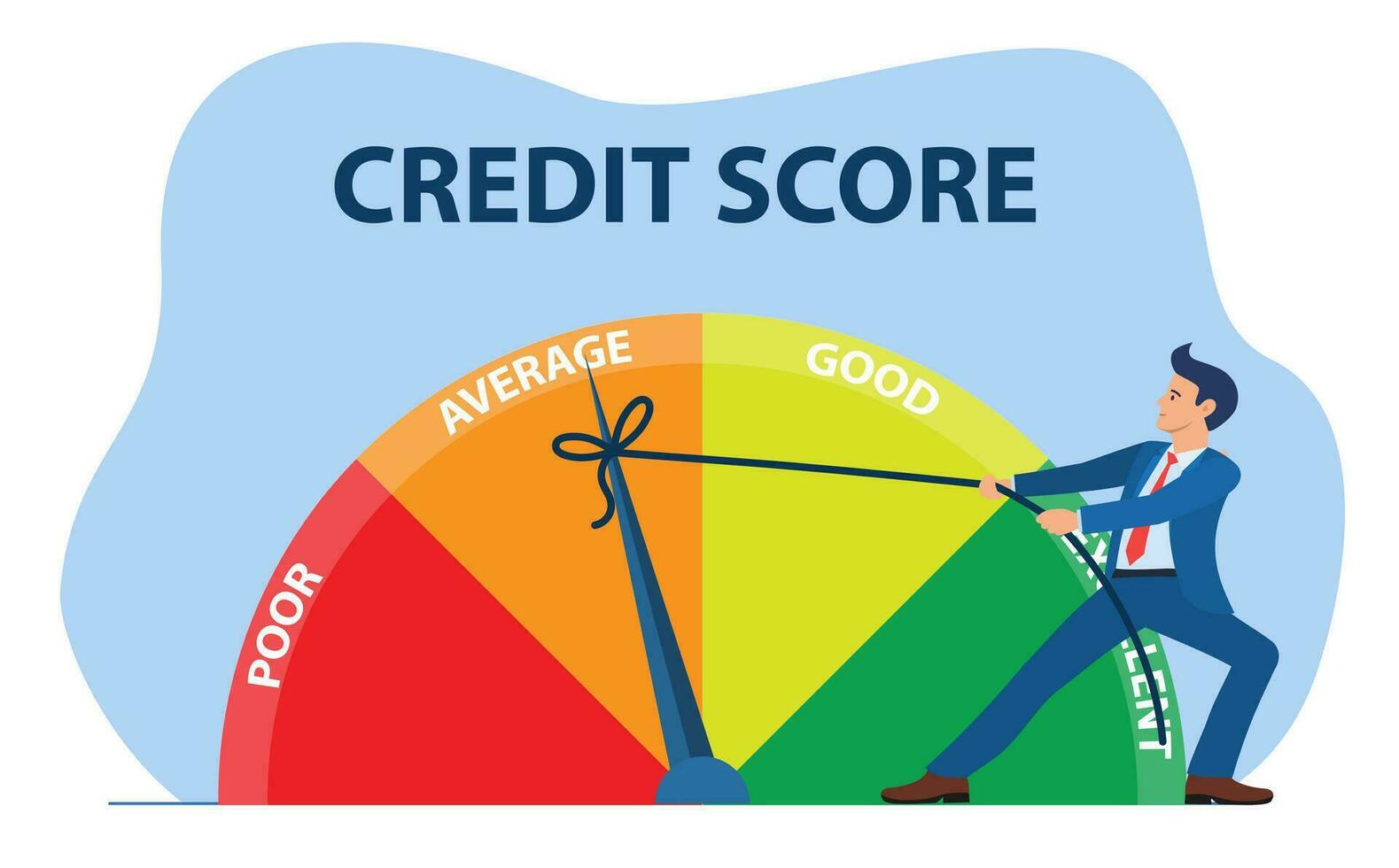 credit partituur concept. zakenman trekken schaal veranderen credit informatie van arm naar goed, uitstekend. betaling geschiedenis gegevens meter. vector illustratie in vlak stijl.