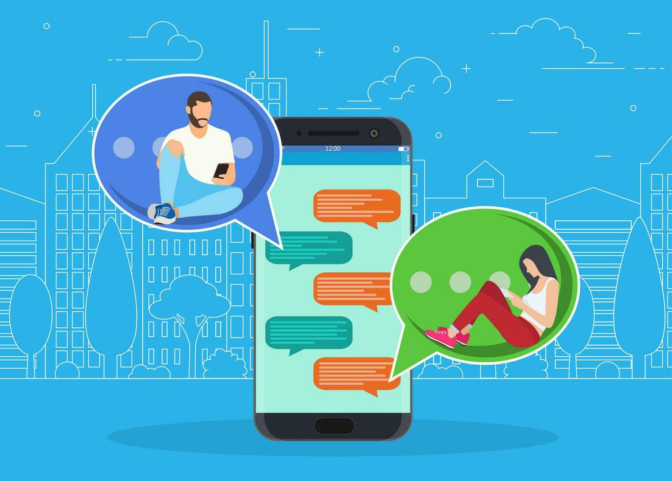 gelukkig mensen gebruik mobiel smartphonevoor chatten in sociaal media, voor, landen bladzijde, sjabloon, ui, web, mobiel app, poster, banier, folder. vector illustratie in vlak stijl