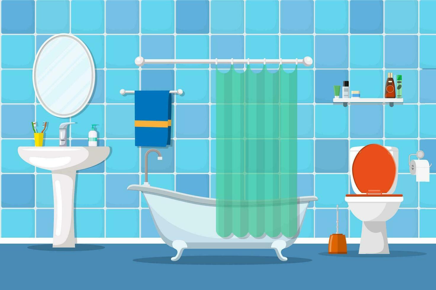 interieur van een badkamer met een toilet en accessoires voor het wassen en nemen een douche. vector illustratie in vlak stijl