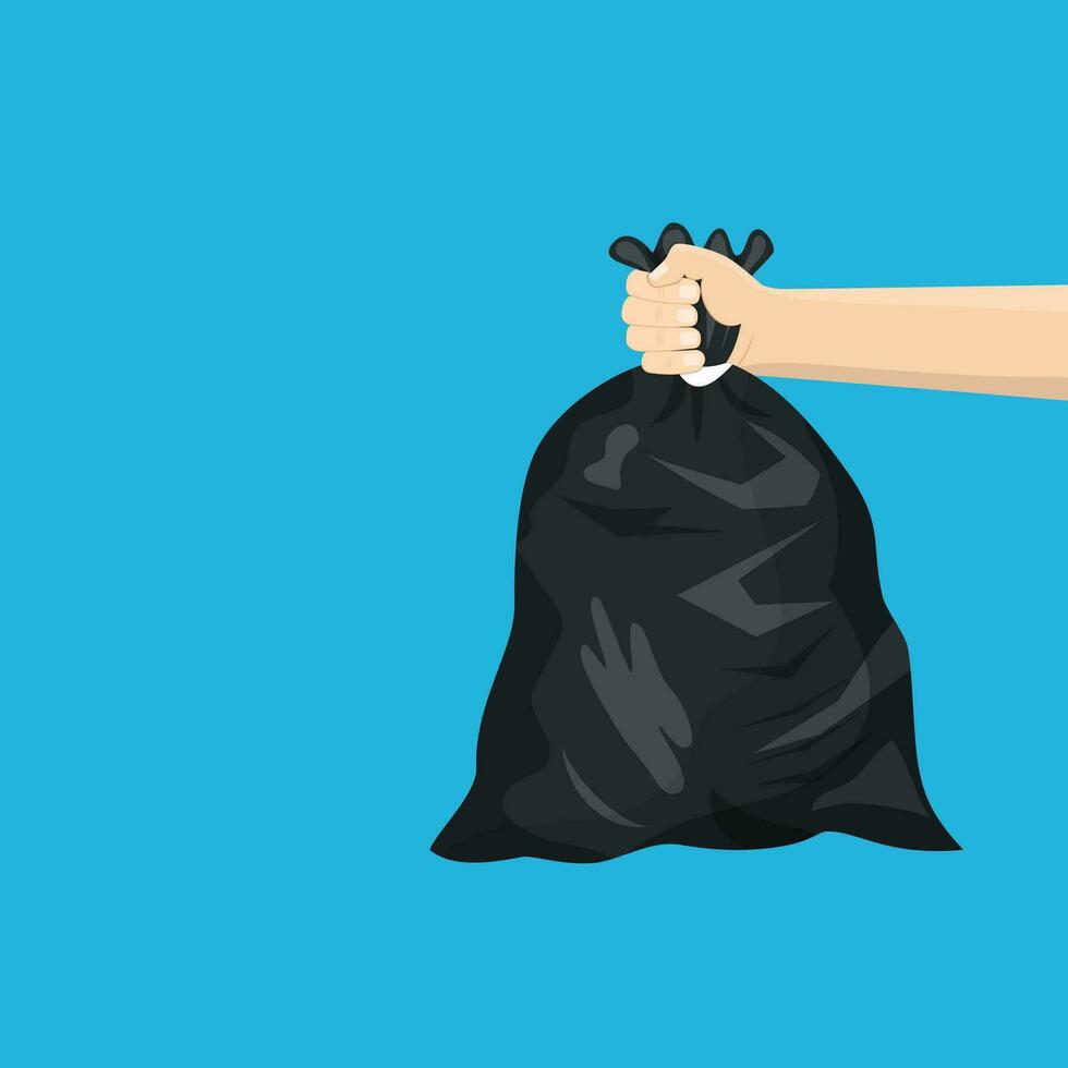 Mens Holding zwart plastic uitschot zak in zijn hand. bak zak plastic zwart voor verwijdering afval. vector illustratie in vlak stijl