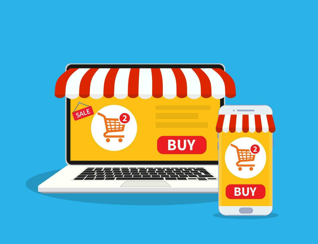 online winkel. web op te slaan. digitaal marketing, op te slaan, e-commerce boodschappen doen concept. computer en smartphone met luifel. mode ontwerp voor web ui, spandoek. vector illustratie in vlak stijl