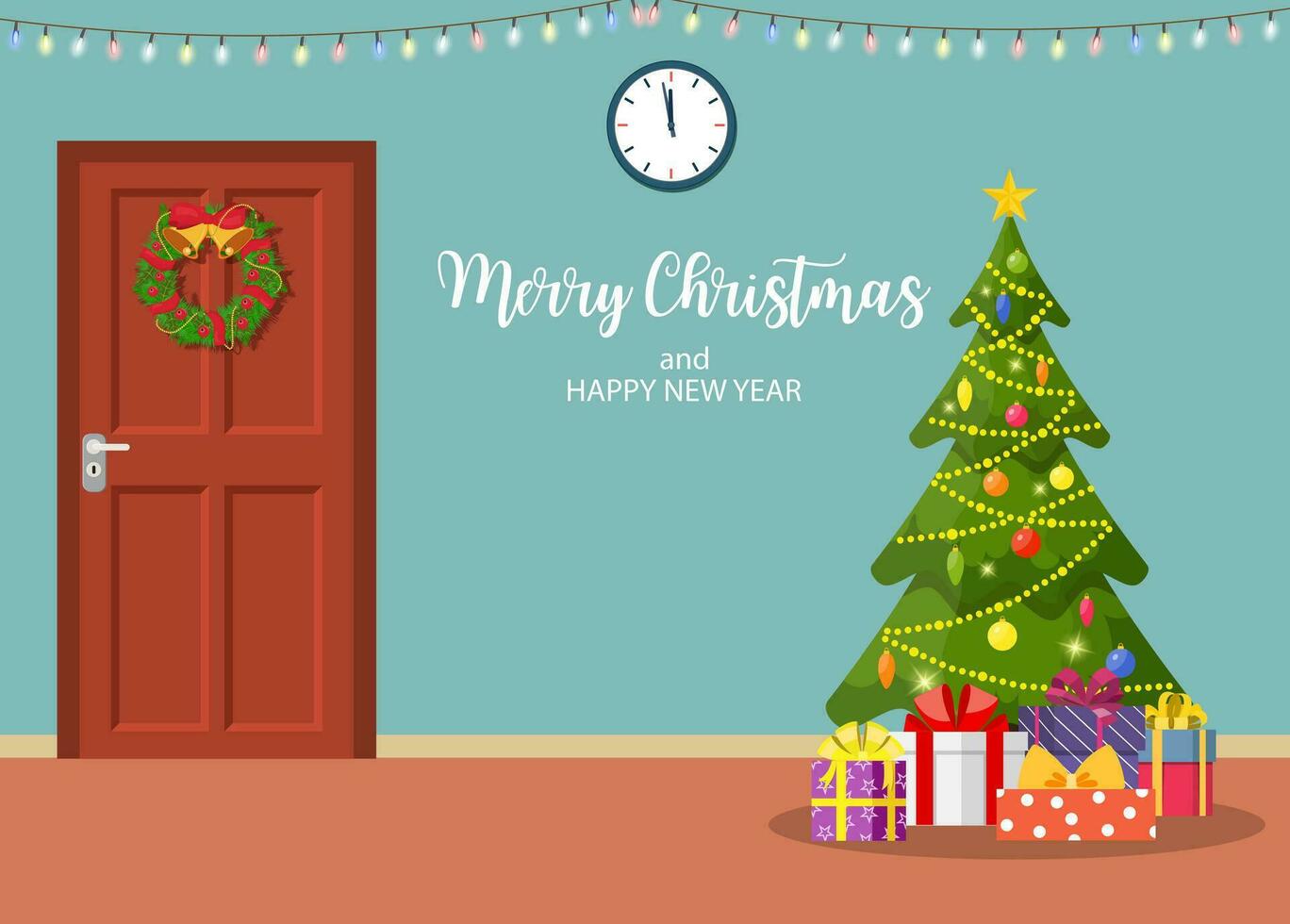 Kerstmis interieur met deur en boom vector
