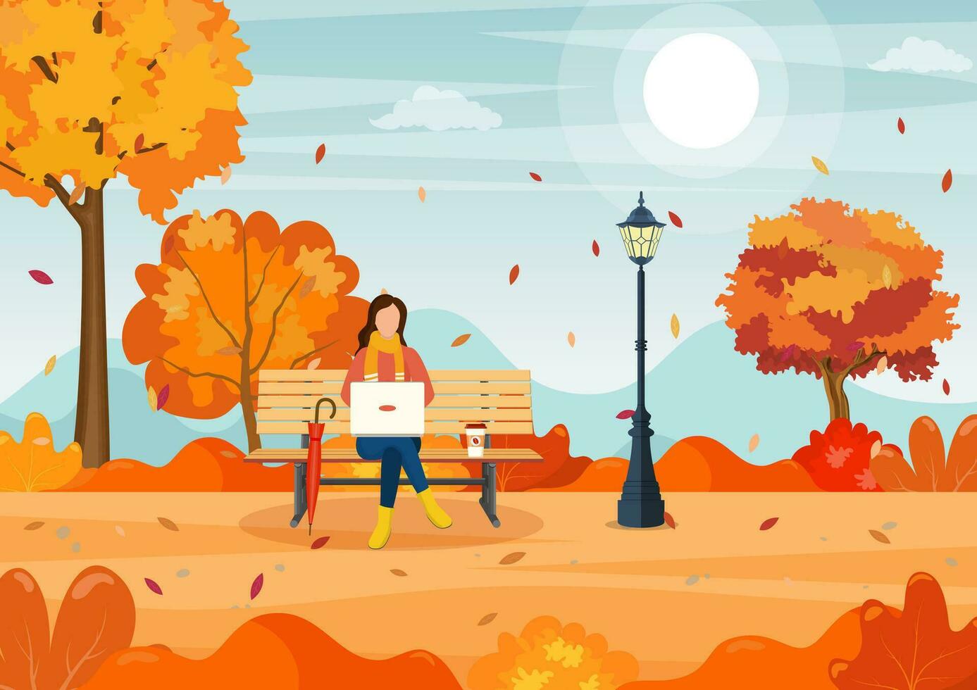 mooi herfst stad park met bank . vrouw met laptop zittend Aan bank in herfst. freelance, afgelegen werk concept. vector illustratie in vlak stijl.