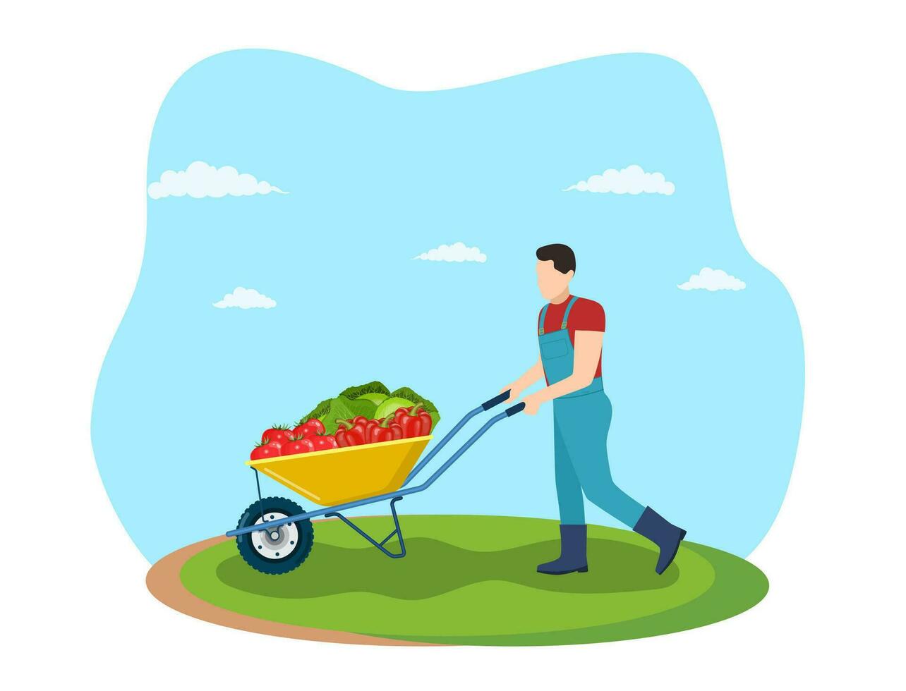 landbouw Mens voortvarend kruiwagen met kool, pepers, tomaten. natuurlijk en smakelijk voedsel. biologisch boerderij producten. mannetje werken Aan oogsten seizoen. vector illustratie in vlak stijl