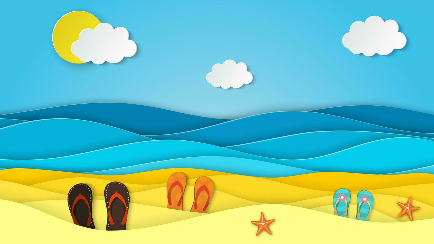 zee landschap met strand, golven, wolken, slippers schoen. papier besnoeiing uit digitaal ambacht stijl. abstract blauw zee en strand zomer achtergrond met papier golven en zeekust. vector illustratie