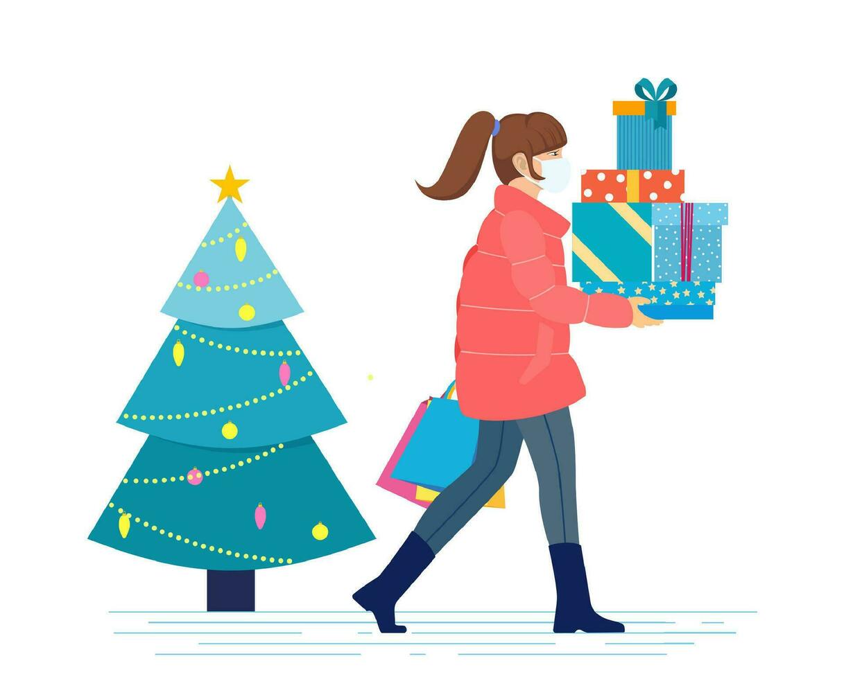 vrouw met boodschappen doen Tassen wandelen. vrolijk Kerstmis uitverkoop. vector illustratie in vlak stijl.