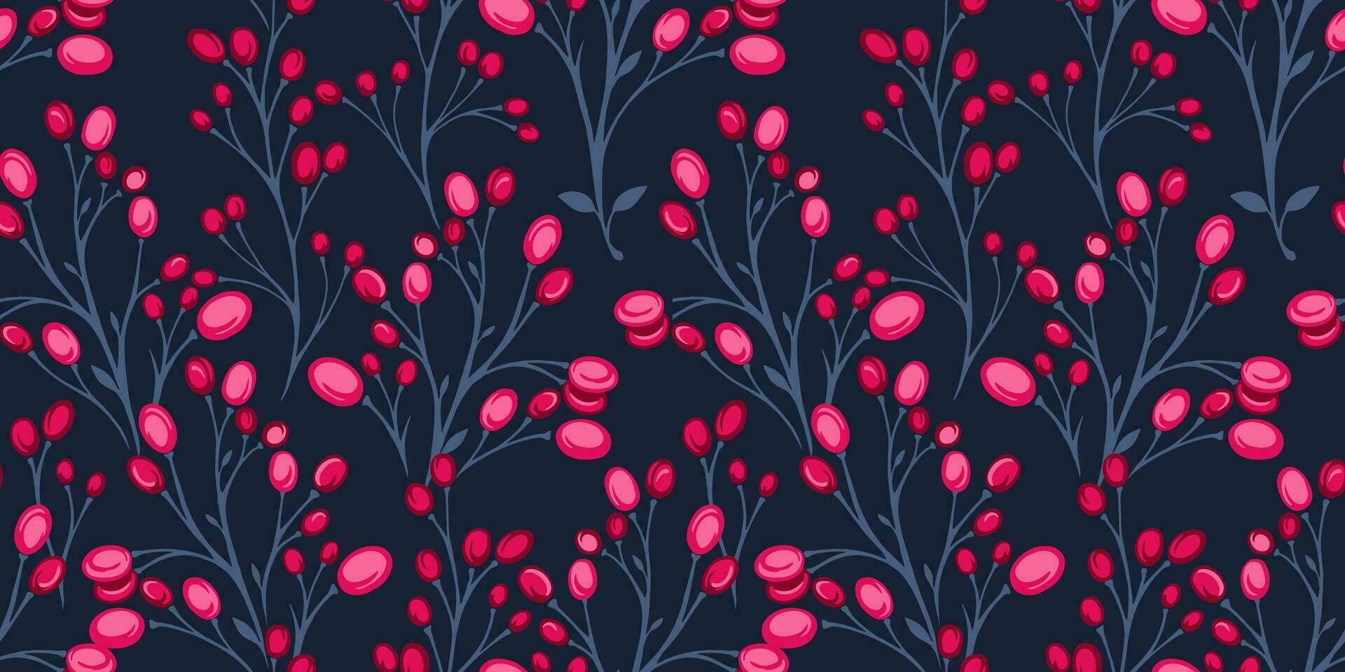 naadloos artistiek, creatief patroon met rood bessen, druppels en takken. donker abstract bloemen achtergrond. vector hand- getrokken. sjabloon voor ontwerp