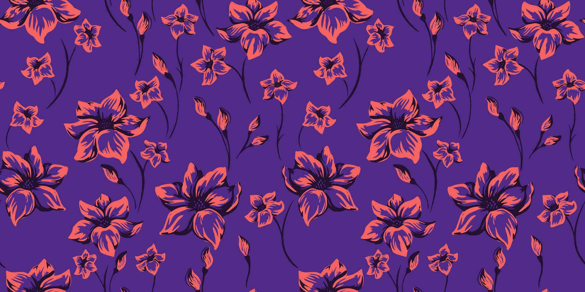 creatief ditsy bloemen takken naadloos patroon. vector hand- getrokken schetsen. kleurrijk borstel bloemen het drukken Aan een Purper achtergrond. ontwerp voor mode, textiel, kleding stof, behang, oppervlakte ontwerp