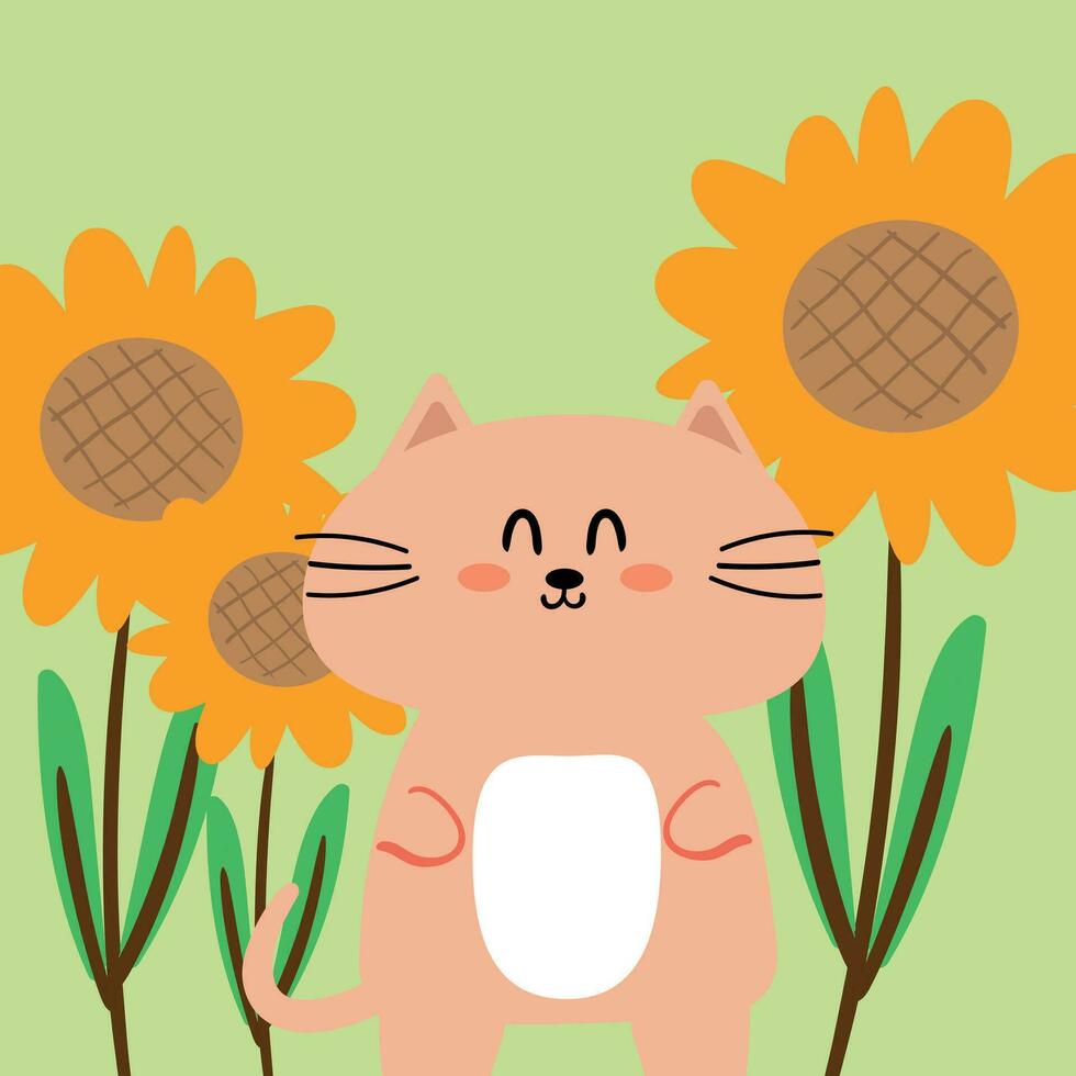 schattig illustratie tekenfilm kat en bloem. dier behang voor kaart, achtergrond vector