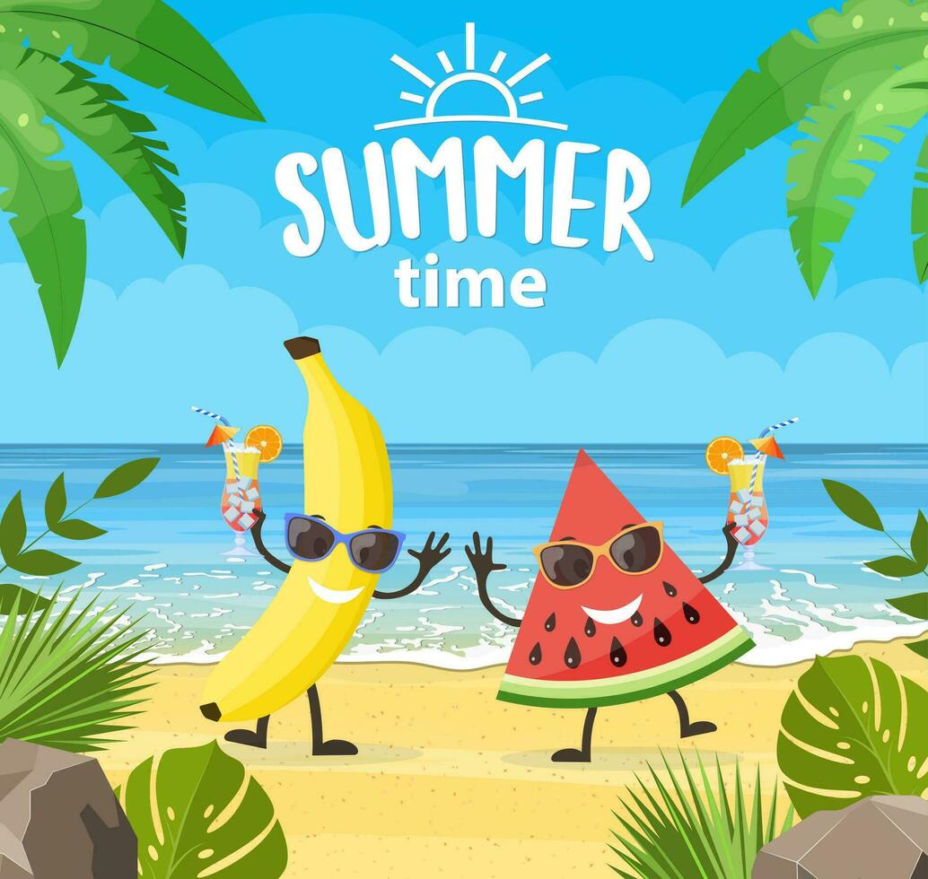 grappig zomer banier met fruit karakters. tropisch strand. zomer landschap. tekenfilm banaan en watermeloen tekens tropisch strand. vector illustratie in vlak stijl