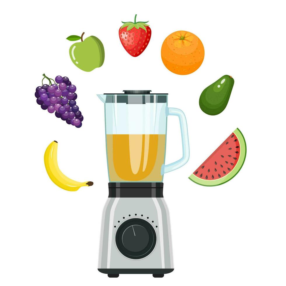 elektronisch voedsel en smoothie blender met verschillend fruit. voedsel verwerker, mixer, blender. geïsoleerd Aan wit achtergrond. vector illustratie in vlak stijl.