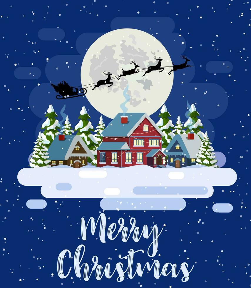 de kerstman claus vliegt over- de huis in de sneeuw. Kerstmis groet kaart of poster. vrolijk Kerstmis vakantie. nieuw jaar en Kerstmis viering. vector illustratie in vlak stijl .
