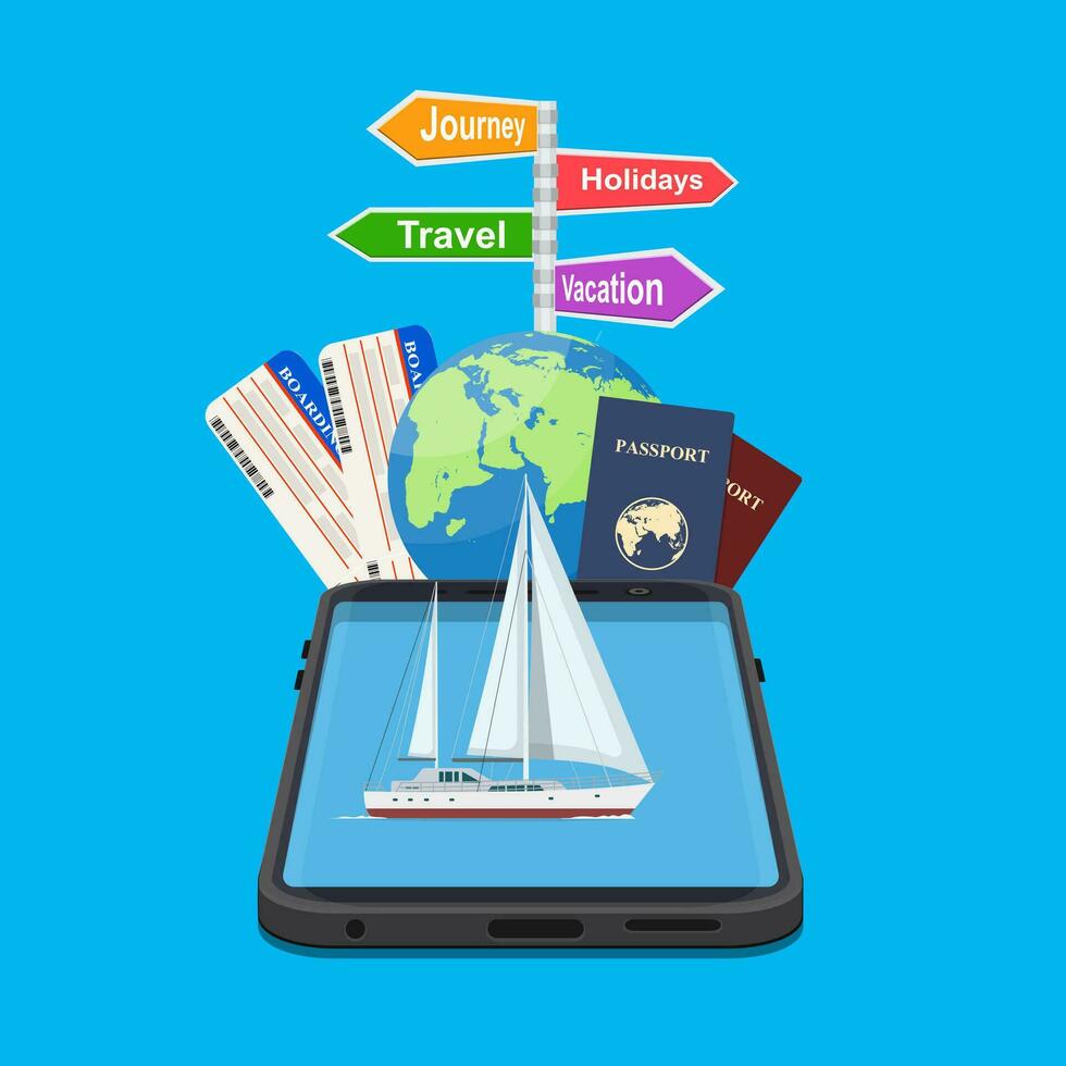 online vakantie reizen mobiel app concept. geschikt voor behang, banier, achtergrond, wegwijzer vakantie, reis, reis, vakantie. vector illustratie in vlak stijl