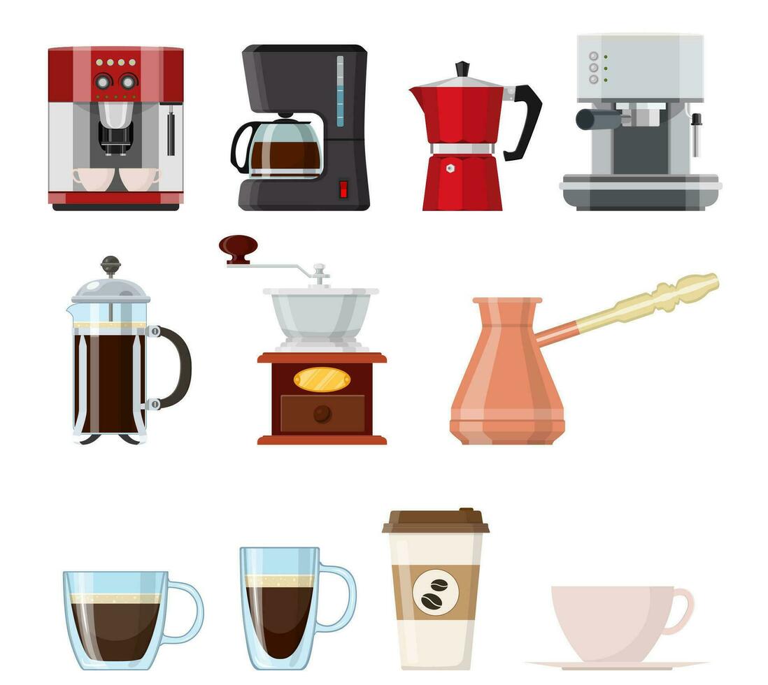 reeks van koffie elementen geïsoleerd Aan wit achtergrond. Frans druk op, koffie makers, beker, pot, Slijper en verpakking. voor web, poster, menu, cafe en restaurant. vector illustratie in vlak stijl.