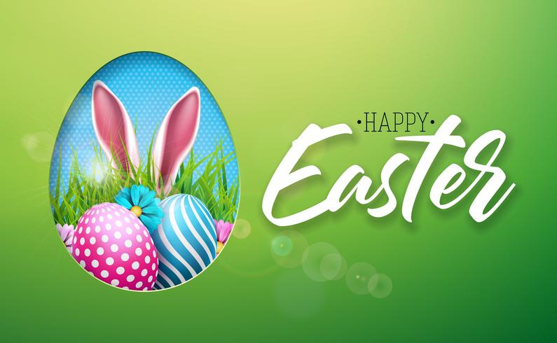 Vectorillustratie van Happy Easter Holiday met geschilderd ei, konijn oren en bloem op glanzende groene achtergrond. Internationale lente viering ontwerp met typografie voor wenskaart, uitnodiging voor feest of promotie banner. vector