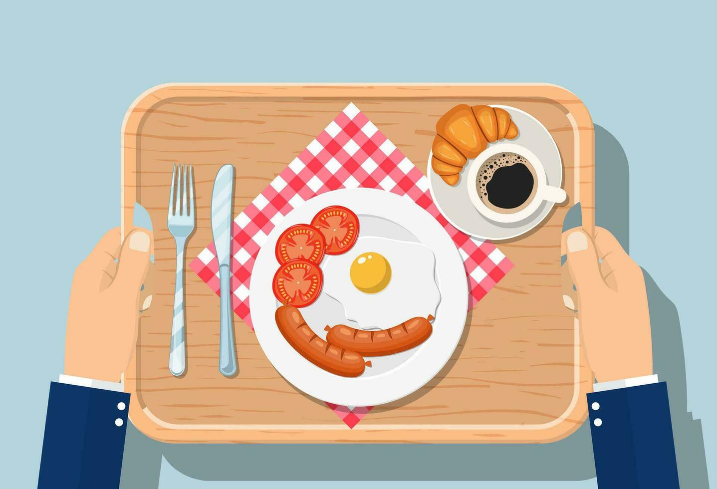 top visie van ontbijt Aan houten dienblad. smakelijk heerlijk ontbijt koffie, gebakken ei met worst, croissant vector
