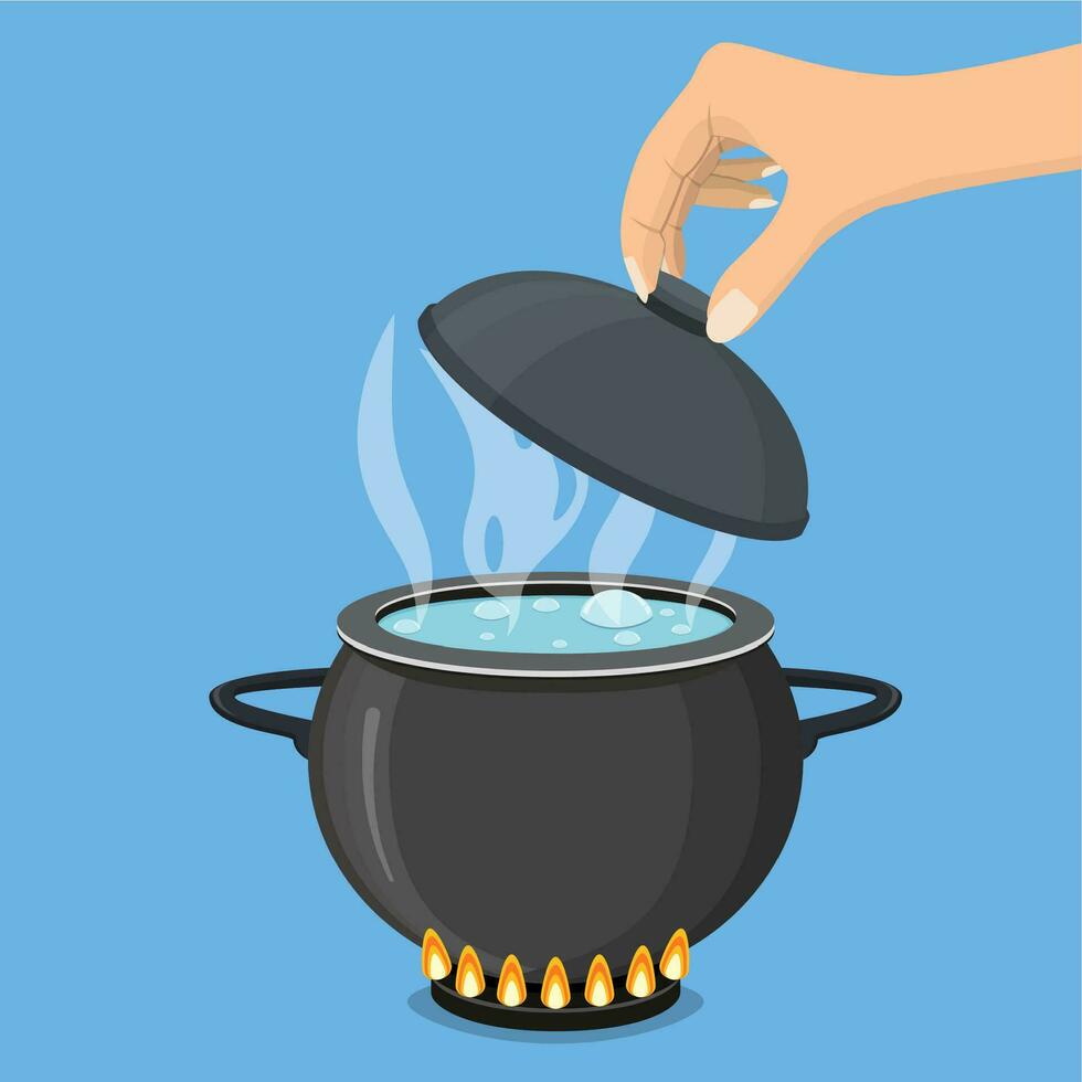 Koken pot Aan fornuis met water en stoom. vector