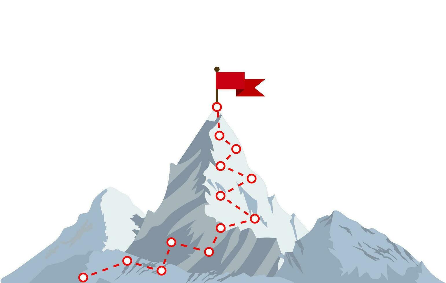 berg beklimming route naar piek. top van de berg met rood vlag. bedrijf succes concept. vector illustratie in vlak stijl