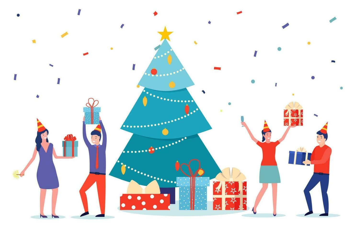 gelukkig nieuw jaar bedrijf kaart. gelukkig mensen in de kerstman hoed roosteren Champagne met confetti. vector illustratie in vlak stijl