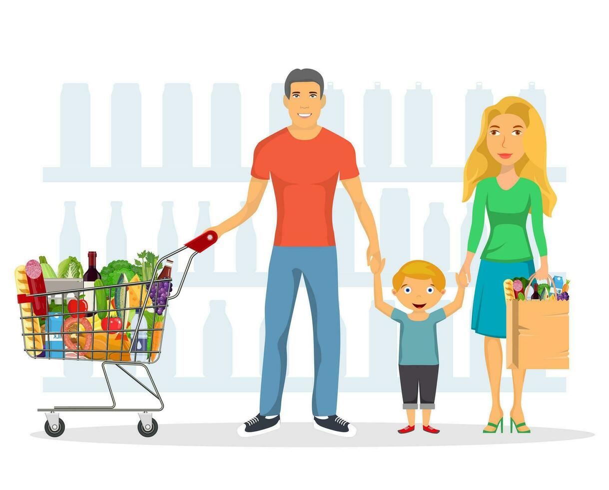 familie boodschappen doen tekens set, winkelen, geïsoleerd Aan wit. groep mensen. winkelcentrum winkelen, online winkelen, gezond aan het eten, familie met voedsel van de supermarkt. vector illustratie in vlak stijl