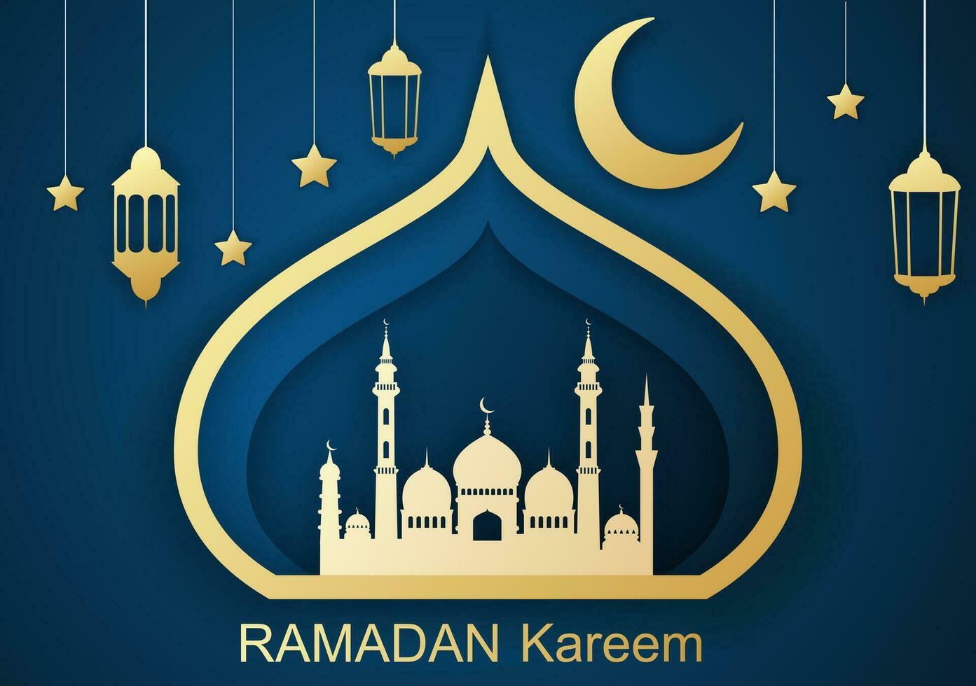 Ramadan kareem groet kaart, ontwerp met 3d papier besnoeiing symbolen van Ramadan mubarak, hangende goud lantaarns, Arabisch lampen, ster, papier kunst vector en illustratie