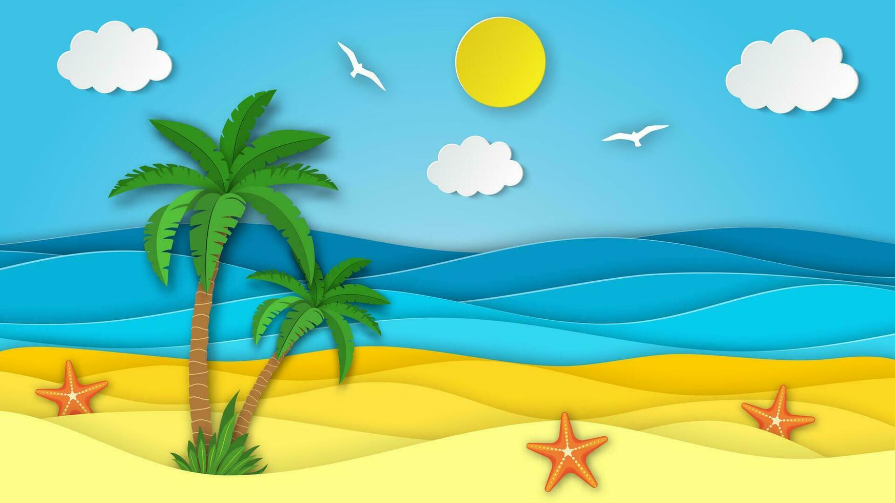 zee landschap met strand, golven, palm wolken. papier besnoeiing uit digitaal ambacht stijl. abstract blauw zee en strand zomer achtergrond met papier golven en zeekust. vector illustratie