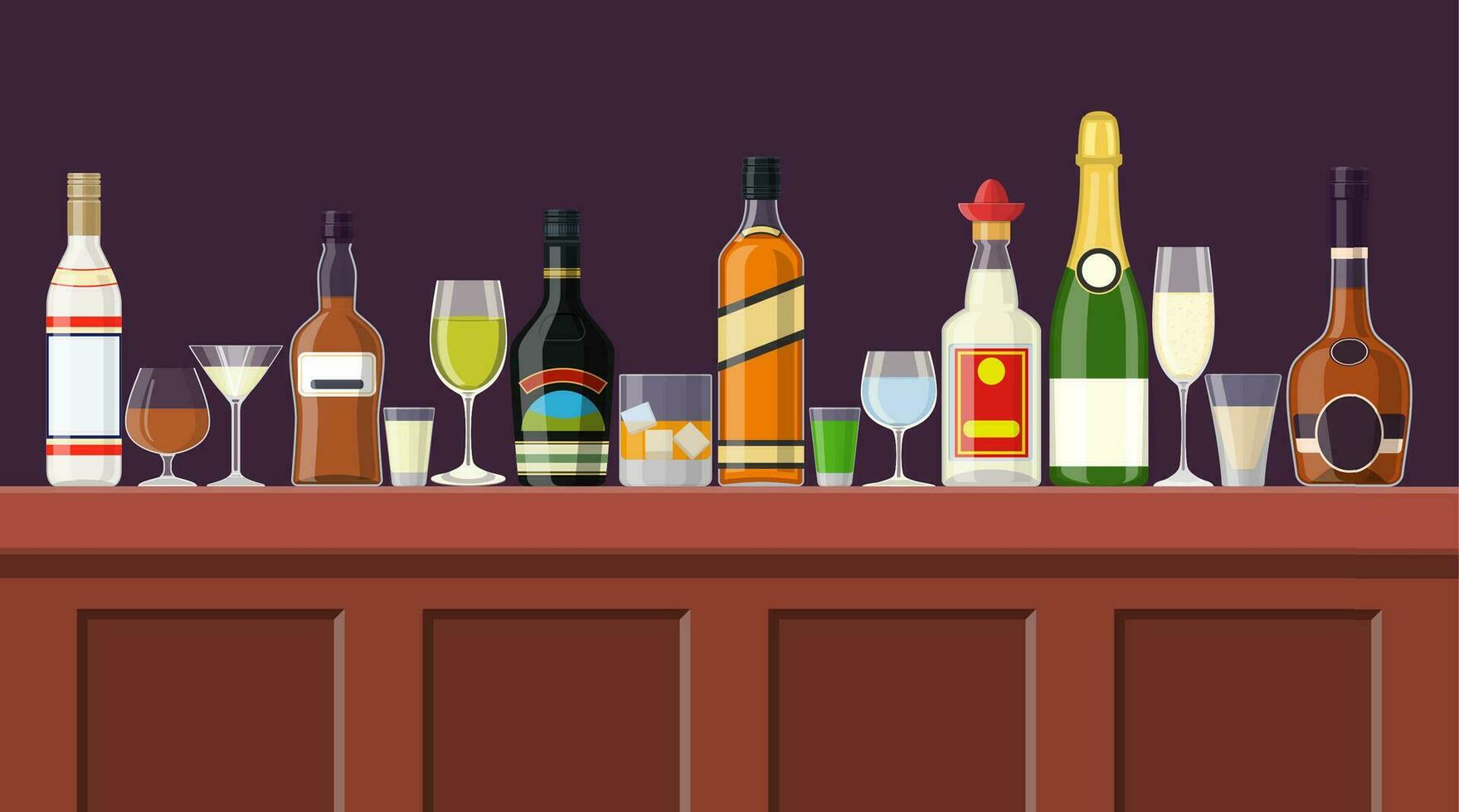 bar teller met alcohol drankje. fles verzameling. flessen met bril. vector illustratie in vlak stijl