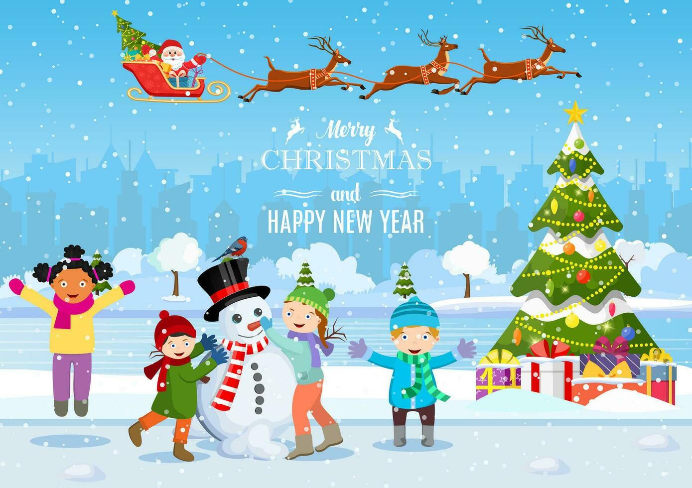 gelukkig nieuw jaar en vrolijk Kerstmis groet kaart. Kerstmis landschap. Kerstmis boom. kinderen gebouw sneeuwman. winter vakantie. vector illustratie in vlak stijl