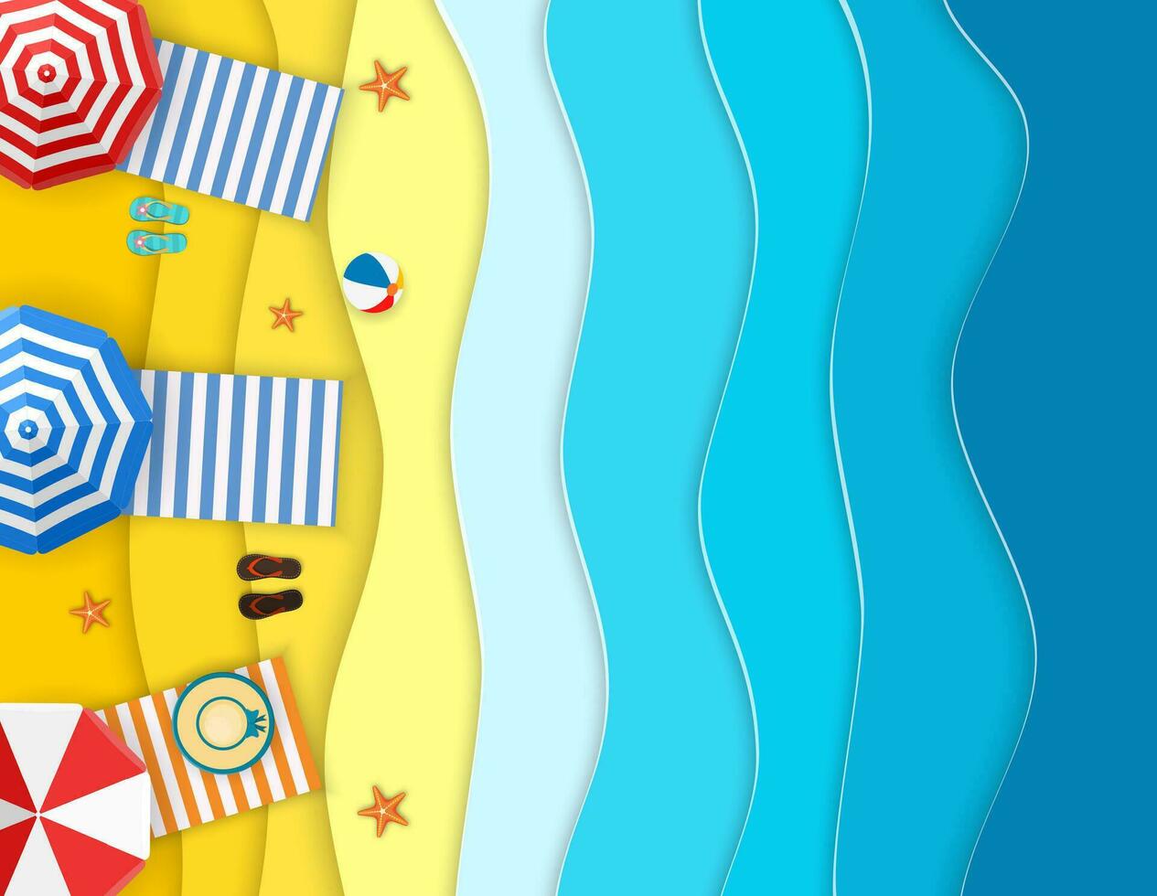 zee landschap met strand, golven, slippers schoen. papier besnoeiing uit digitaal ambacht stijl. abstract blauw zee en strand zomer achtergrond met papier golven en zeekust. vector illustratie