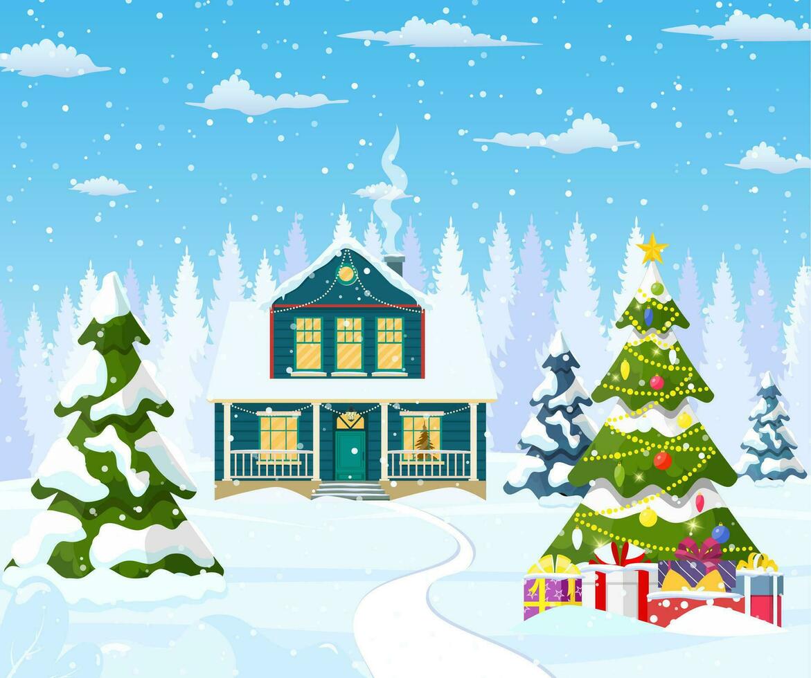 buitenwijk huis gedekt sneeuw. gebouw in vakantie ornament. Kerstmis landschap boom sparren. gelukkig nieuw jaar decoratie. vrolijk Kerstmis vakantie. nieuw jaar Kerstmis viering. vector illustratie