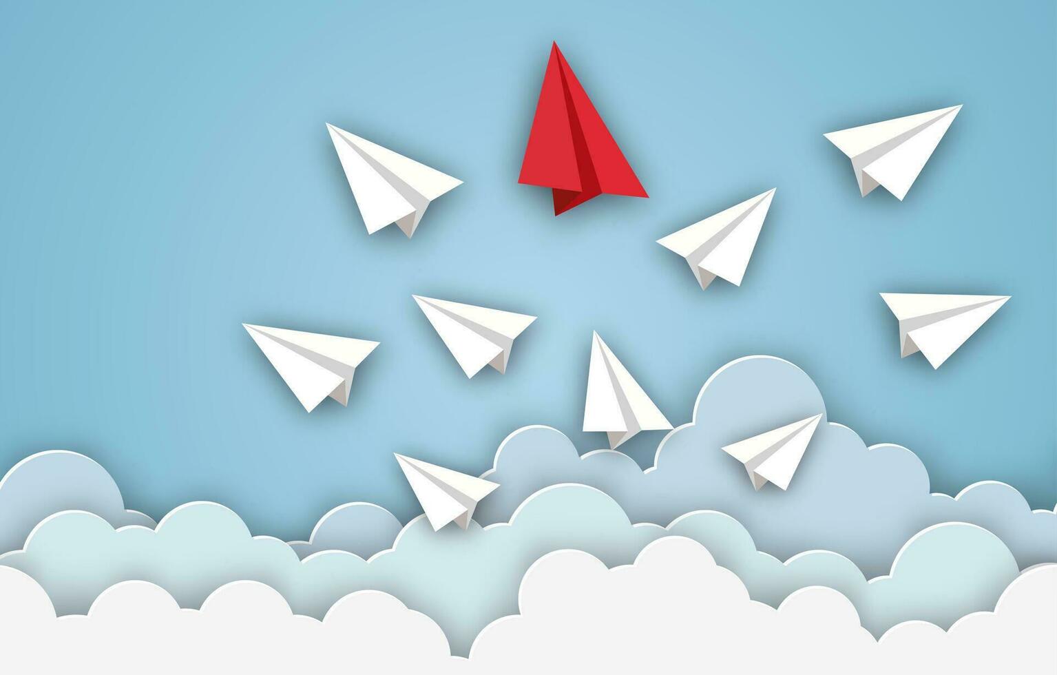 papier vliegtuigen vliegend van wolken Aan blauw lucht. leiderschap, teamwerk, motivatie, bedrijf, staan uit van de menigte concept. papier kunst ontwerp en ambacht stijl. vector