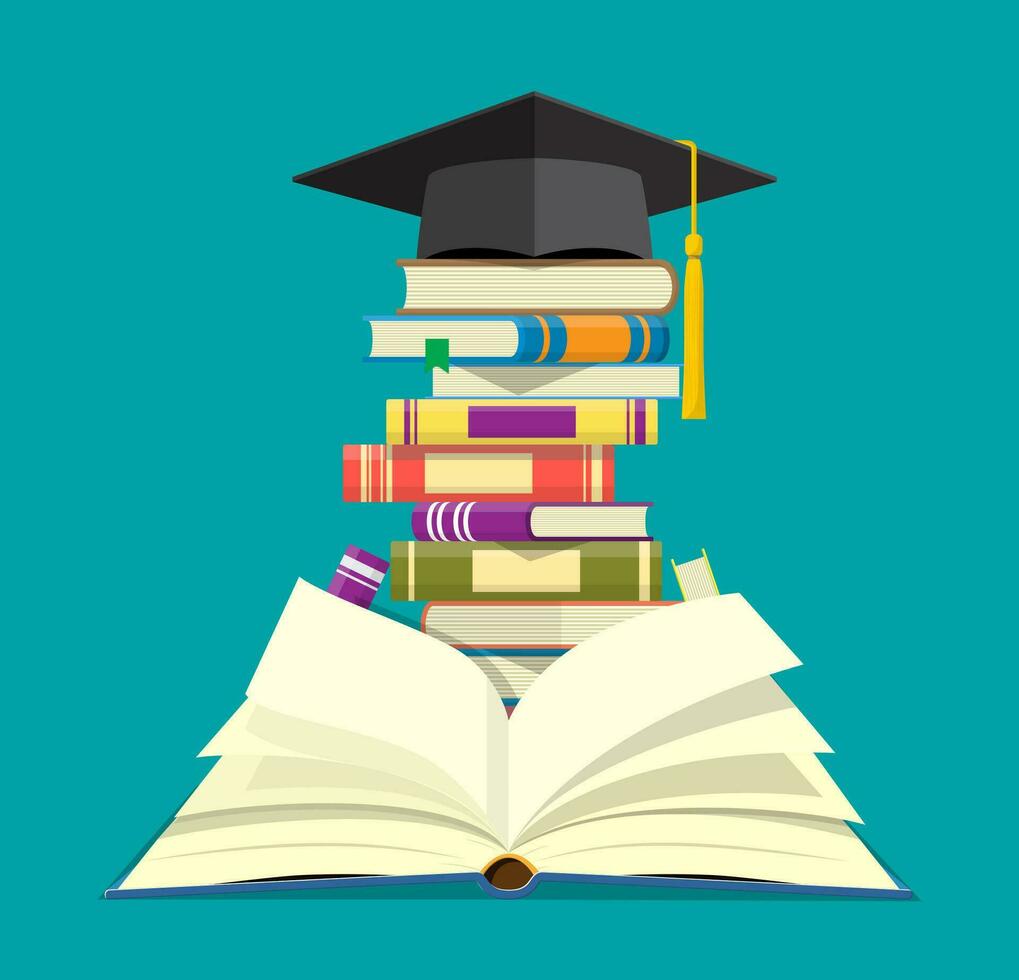 diploma uitreiking pet Aan stack van boeken. academisch en school- kennis, onderwijs en diploma uitreiking. lezing, e-boek, literatuur, encyclopedie. vector illustratie in vlak stijl