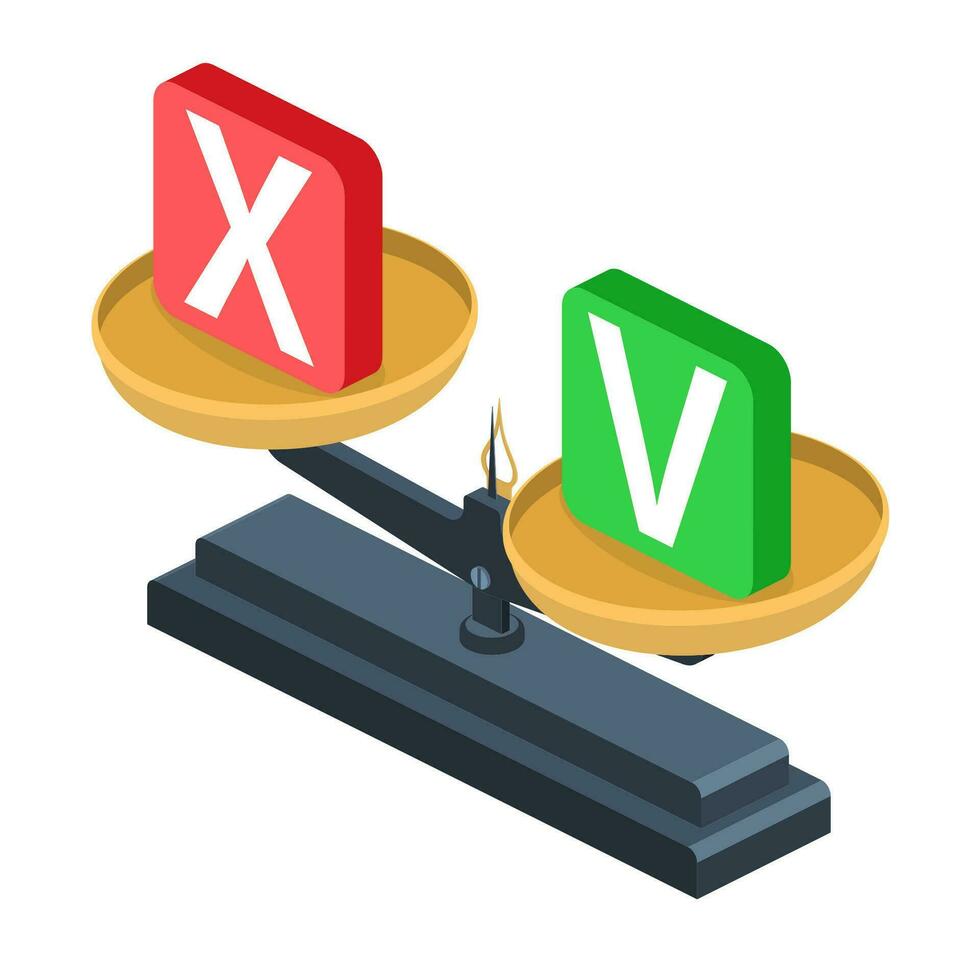 Kruis aan en kruis Aan weegschaal.balans symbool.goedkeuren.annuleren. gelijkwaardig besluitvorming. isometrie 3d icoon. elementen voor ontwerp. vector illustratie in vlak stijl.