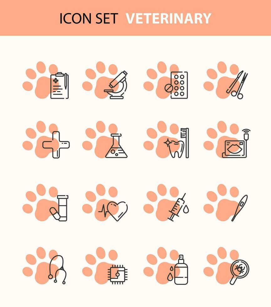 veterinair kliniek icoon set, diagnostiek, Gezondheid controleren, chirurgie, biologisch testen, huisdier vaccinatie, chippen, echografie, behandeling. lijn vector pictogrammen geïsoleerd Aan wit background.web icoon reeks