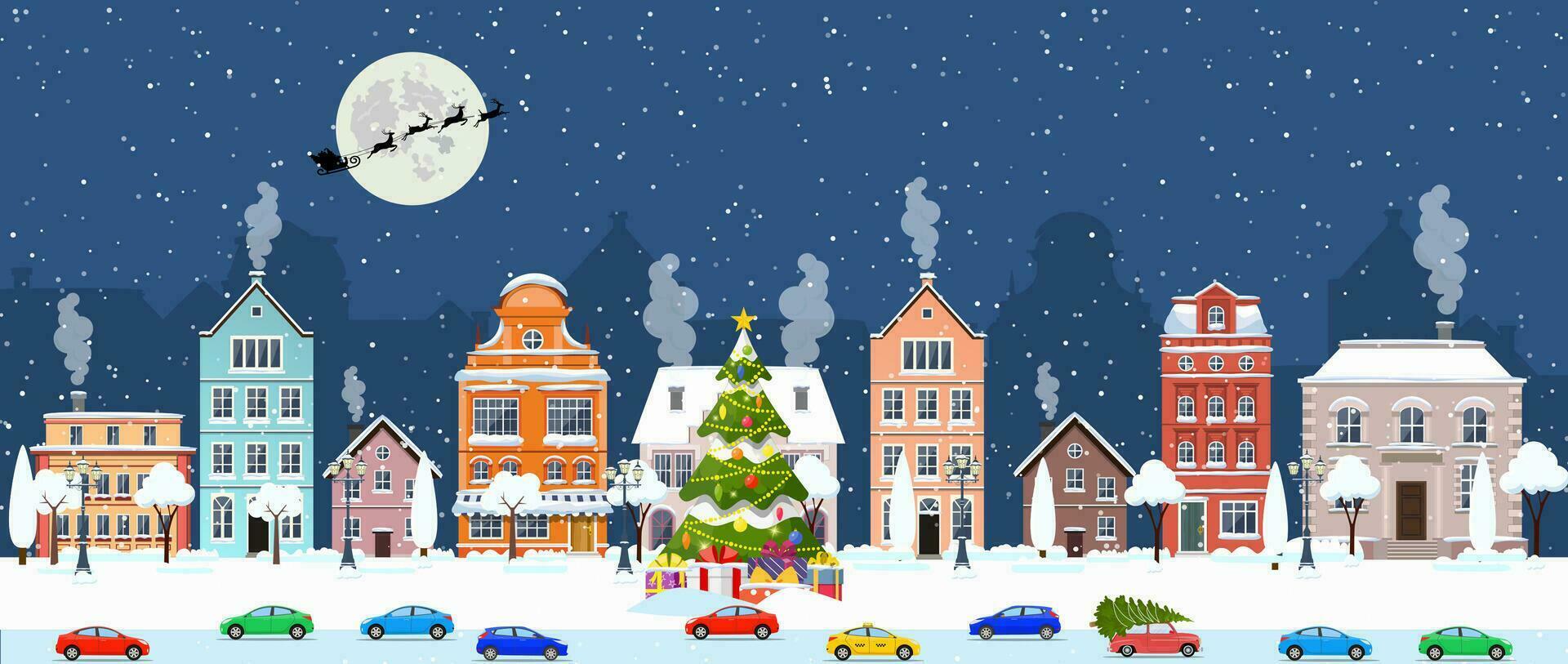 de kerstman claus met herten in lucht bovenstaand de dorp. winter oud stad- straat. vrolijk Kerstmis en gelukkig nieuw jaar groet kaart. vector illustratie in vlak stijl