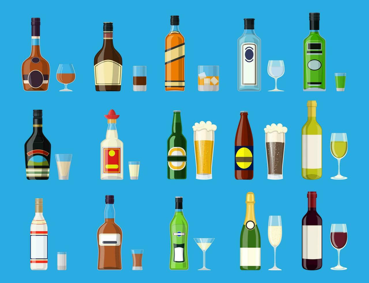 alcohol drankjes verzameling. flessen met bril. wodka Champagne wijn whisky bier brandewijn tequila cognac likeur vermout gin rum absint bourbon. vector illustratie in vlak stijl