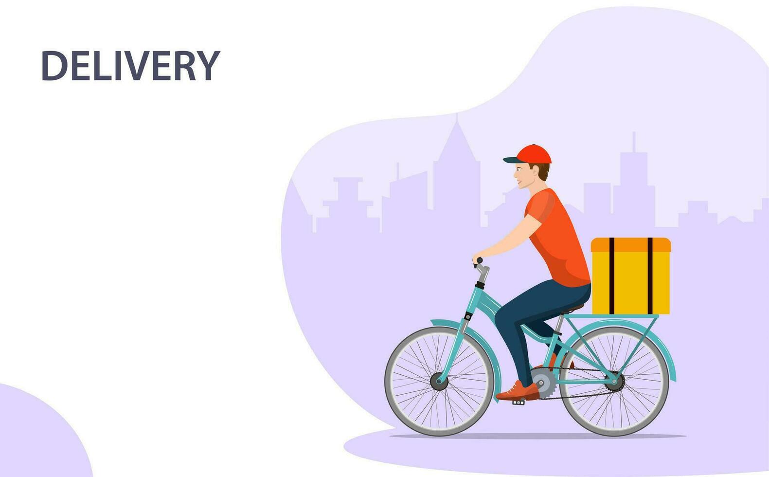 koerier Aan fiets met pakket doos leveren voedsel in stad. ecologisch snel levering concept. vector illustratie in vlak stijl
