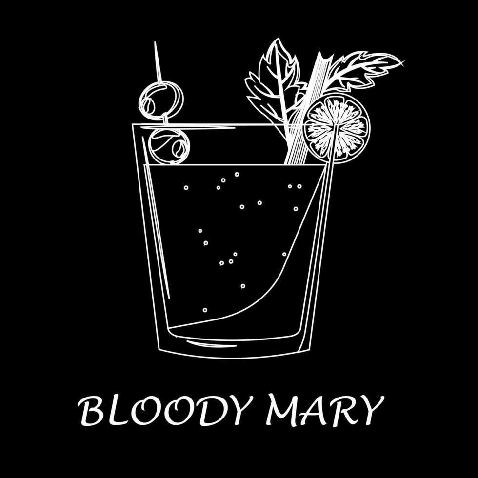 bloederig Maria cocktail tekening met krijt Aan krijt bord achtergrondop. glas van bloederig Maria cocktail met selderij, olijven en limoen. voor menu, cocktail kaarten.vector illustratie vector