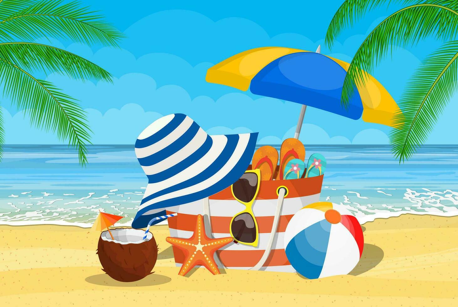 zomer accessoires voor de strand. tas, zonnebril, omdraaien flops, zeester, bal, paraplu . tegen de achtergrond van de zon de zee en palm bomen. vector illustratie in vlak stijl