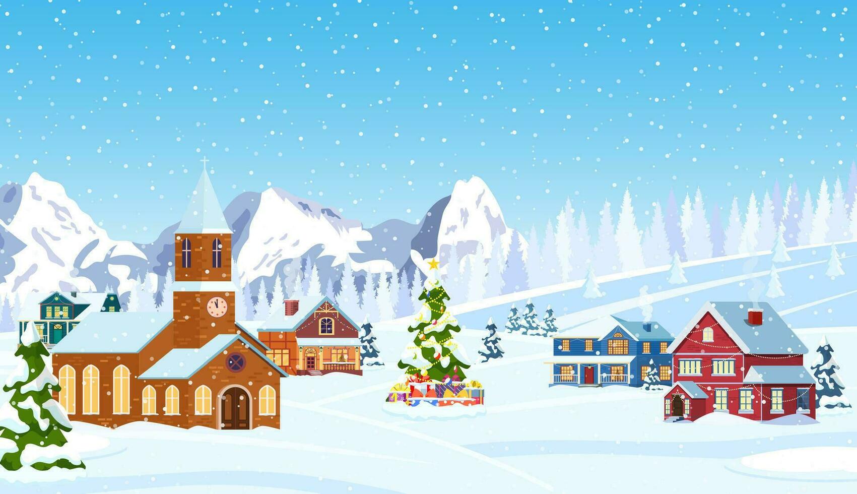 buitenwijk huis gedekt sneeuw. gebouw in vakantie ornament. Kerstmis landschap boom. nieuw jaar decoratie. vrolijk Kerstmis vakantie Kerstmis viering. vector illustratie vlak stijl