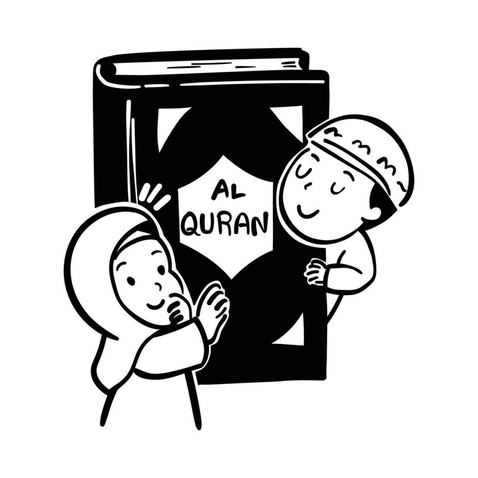 een heilig al koran met moslim jongen en meisje, tekening vector illustratie