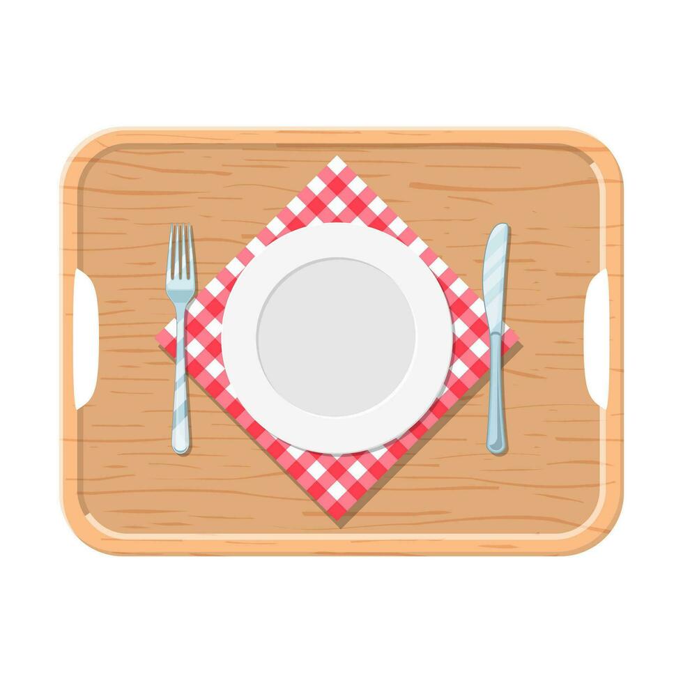een houten dienblad met ijzer bord mes en vork rood gecontroleerd lap. vector illustratie in vlak stijl