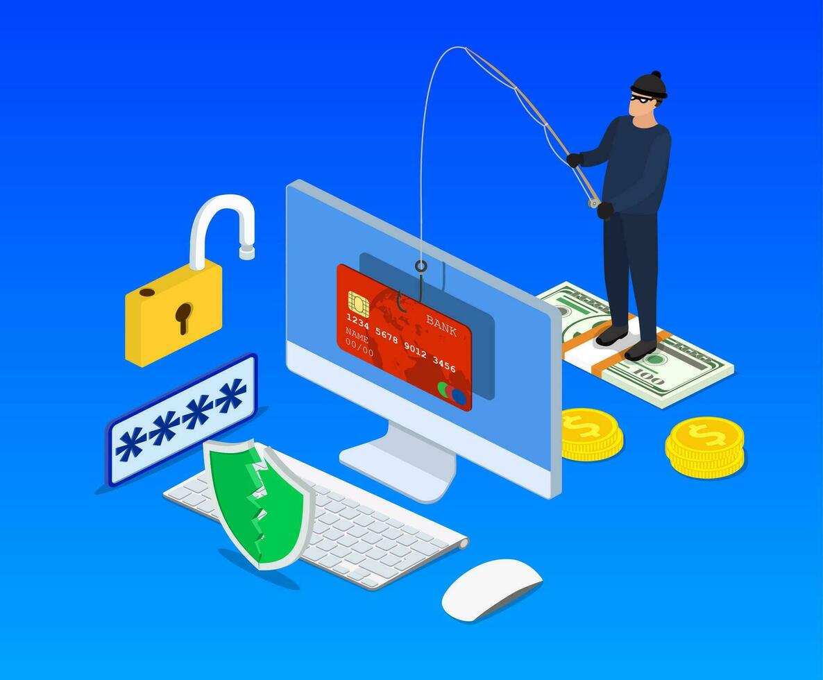 internet phishing en hacken aanval isometrische concept. e-mail spoofing en persoonlijk informatie veiligheid achtergrond. internet aanval Aan credit kaart. vector illustratie in vlak ontwerp.