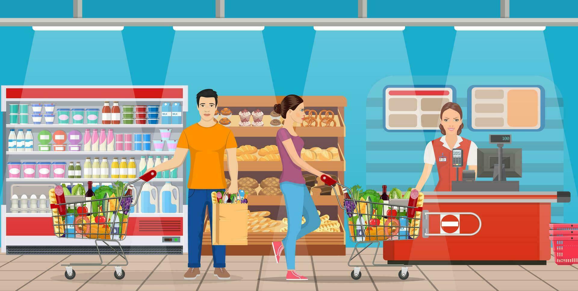 mensen boodschappen doen Bij supermarkt en buying producten, diepvries, schappen en uitchecken operator Bij werk, kruidenier en consumentisme concept. vector illustratie in vlak stijl