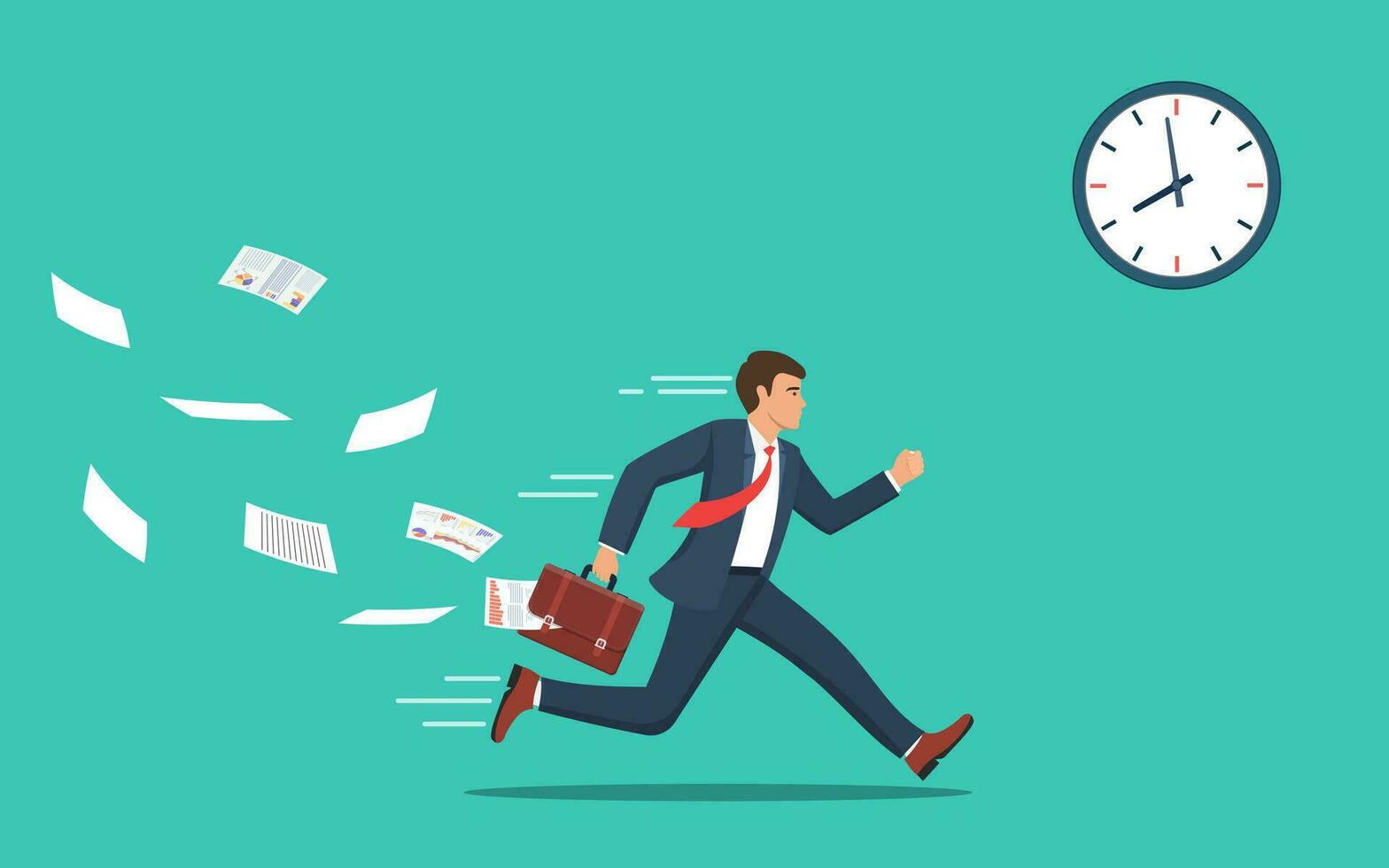 zakenman rennen en haast je omhoog. zakenman rennen met vallend papieren van aktentas tijd beheer deadline concept. vector illustratie in vlak stijl.