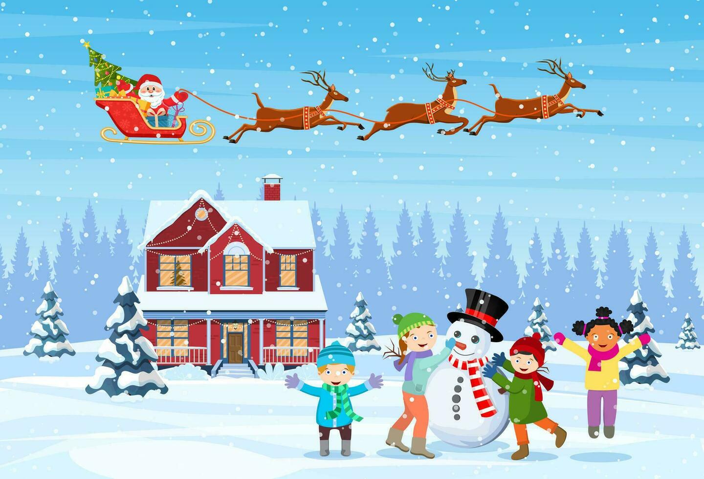 gelukkig nieuw jaar en vrolijk Kerstmis groet kaart. Kerstmis landschap. kinderen gebouw sneeuwman. winter vakantie. de kerstman claus met herten in lucht. vector illustratie in vlak stijl